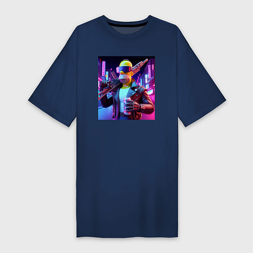 Женская футболка-платье Крутой Гомер Симпсон с оружием и банкой пива / Тёмно-синий – фото 1