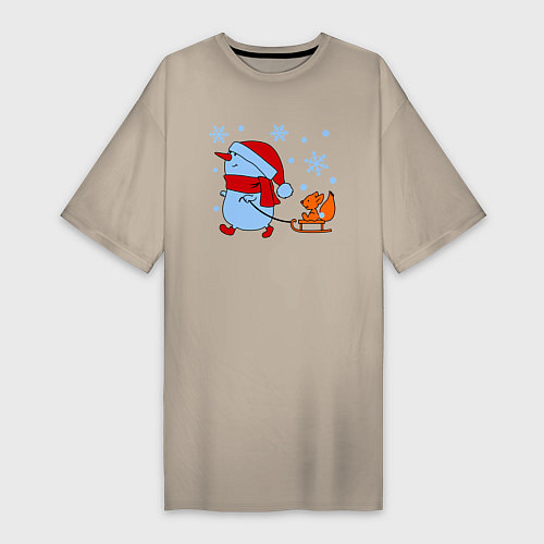 Женская футболка-платье Снеговик с санками / Миндальный – фото 1