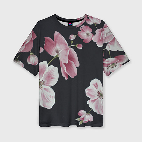 Женская футболка оверсайз Цветы на черном фоне / 3D-принт – фото 1