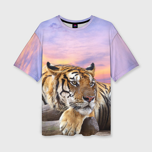 Женская футболка оверсайз Тигр на закате / 3D-принт – фото 1