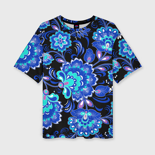 Женская футболка оверсайз Синяя хохлома / 3D-принт – фото 1