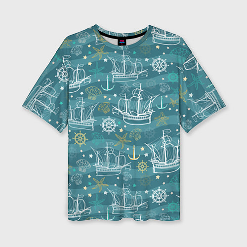 Женская футболка оверсайз Парусники в море - паттерн / 3D-принт – фото 1