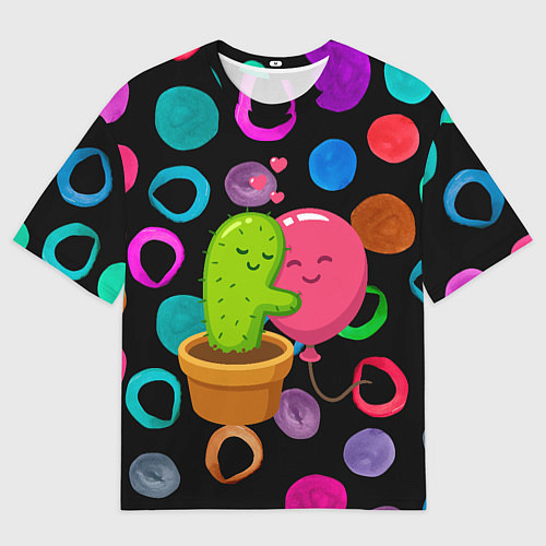 Женская футболка оверсайз Влюбленные кактус и шарик / 3D-принт – фото 1