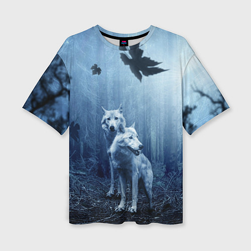 Женская футболка оверсайз Волки в тёмном лесу / 3D-принт – фото 1