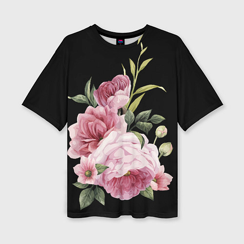 Женская футболка оверсайз Пионы на чёрном / 3D-принт – фото 1