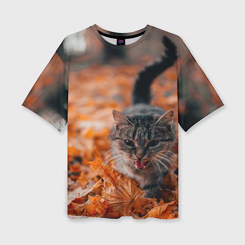 Женская футболка оверсайз Мяукающий кот осенние листья / 3D-принт – фото 1