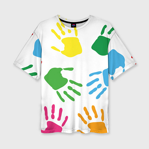 Женская футболка оверсайз Цветные ладошки - Детский узор / 3D-принт – фото 1
