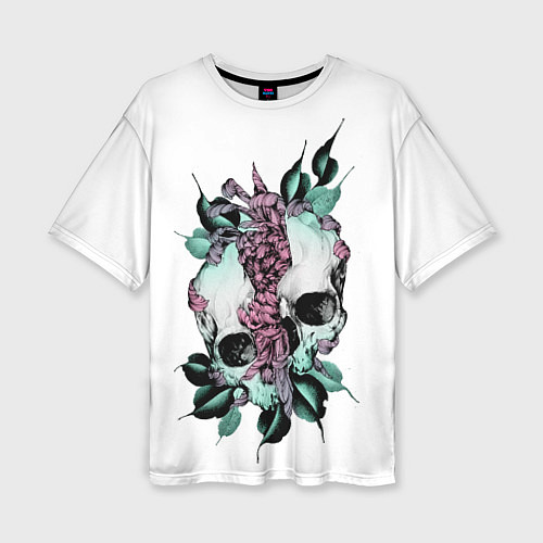 Женская футболка оверсайз Череп с японскими цветами / 3D-принт – фото 1