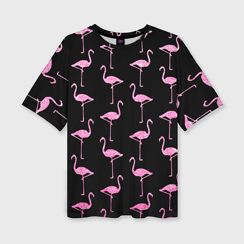 Женская футболка оверсайз Фламинго Чёрная / 3D-принт – фото 1
