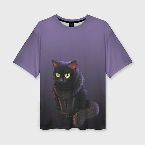 Женская футболка оверсайз Черный кот на фиолетовом / 3D-принт – фото 1
