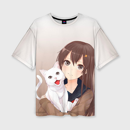 Женская футболка оверсайз Девочка и белый кот аниме / 3D-принт – фото 1