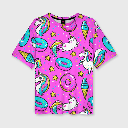Женская футболка оверсайз Единороги с пончиками / 3D-принт – фото 1