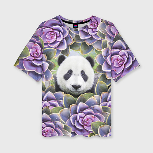 Женская футболка оверсайз Панда среди цветов / 3D-принт – фото 1