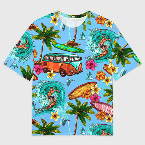 Женская футболка оверсайз Пальмы, волны, серфинг / 3D-принт – фото 1