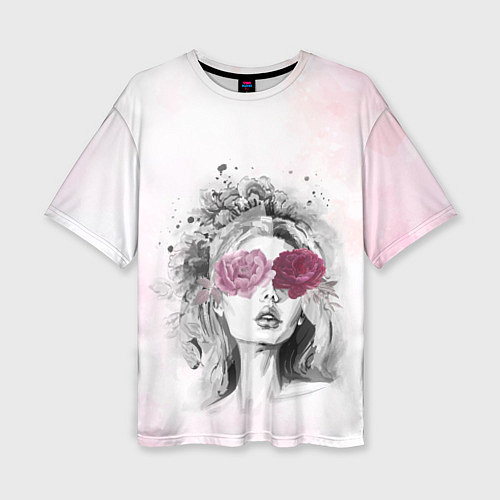 Женская футболка оверсайз Девушка цветы акварель / 3D-принт – фото 1