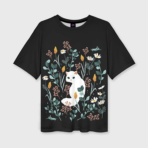 Женская футболка оверсайз Кошечка среди цветов / 3D-принт – фото 1