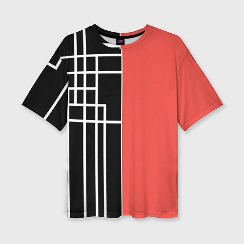 Женская футболка оверсайз Черный и коралловый арт деко / 3D-принт – фото 1