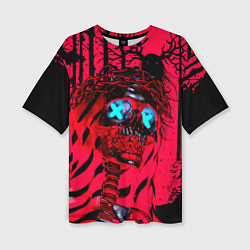 Женская футболка оверсайз Красный скелет в диком лесу