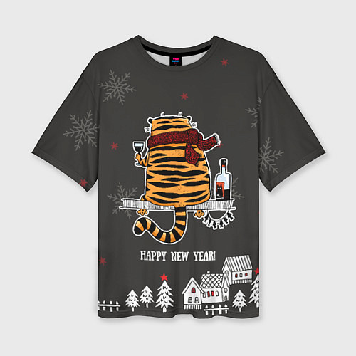 Женская футболка оверсайз Одинокий тигр пьет винишко / 3D-принт – фото 1