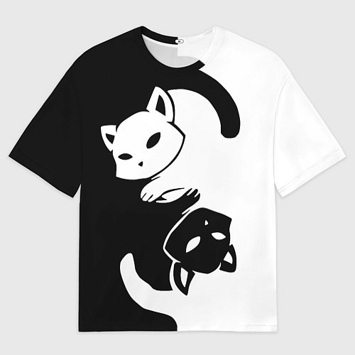 Женская футболка оверсайз Черный и белый кот кувыркаются / 3D-принт – фото 1