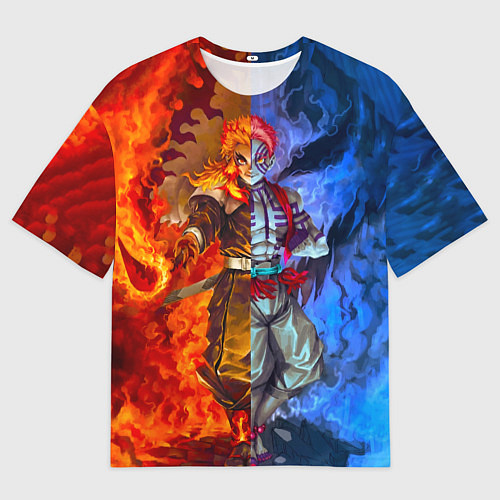 Женская футболка оверсайз Аказа и Ренгоку противостояние клинок рассекающий / 3D-принт – фото 1