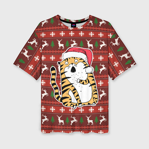 Женская футболка оверсайз Рождественский удивленный тигр / 3D-принт – фото 1
