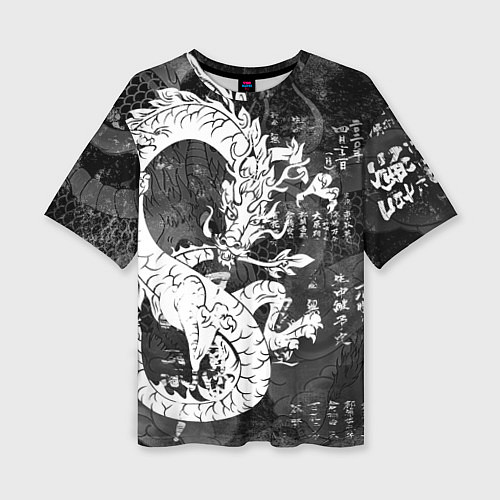 Женская футболка оверсайз ЧБ Японский Дракон Dragon Иероглифы / 3D-принт – фото 1