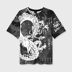 Женская футболка оверсайз ЧБ Японский Дракон Dragon Иероглифы