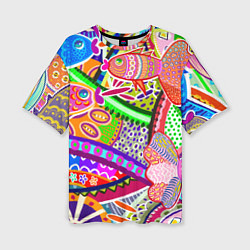 Женская футболка оверсайз Разноцветные яркие рыбки на абстрактном цветном фо