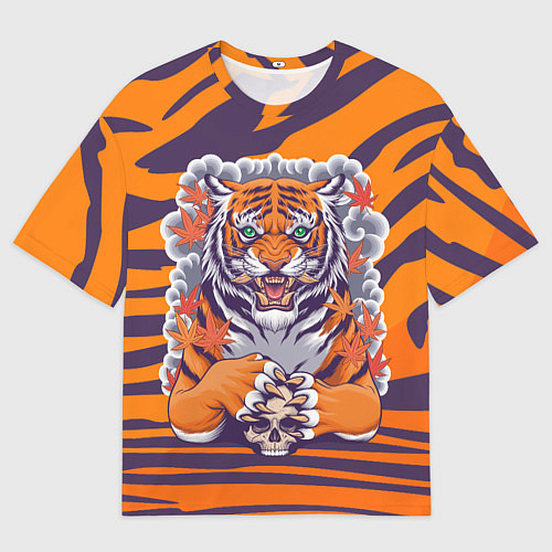 Женская футболка оверсайз Тигр с черепом / 3D-принт – фото 1