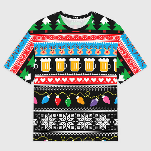 Женская футболка оверсайз Новогодний пивной узор / 3D-принт – фото 1