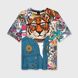 Женская футболка оверсайз Стикербомбинг с тигром