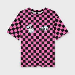 Женская футболка оверсайз Инопланетянин в черно розовую клетку