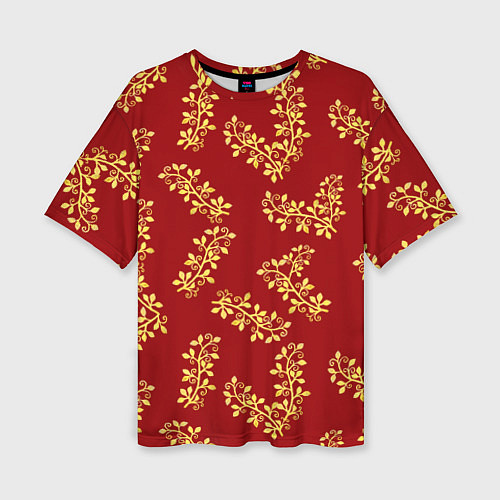 Женская футболка оверсайз Золотые веточки на ярко красном фоне / 3D-принт – фото 1