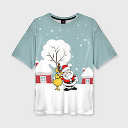 Женская футболка оверсайз Деревенский Новый Год Дед Мороз и Олень