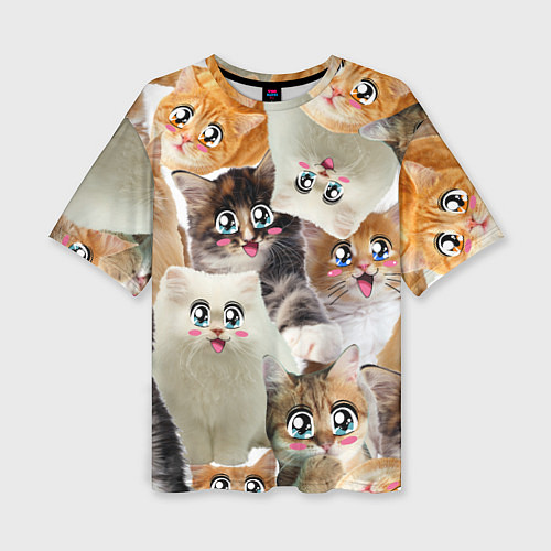 Женская футболка оверсайз Много кошек с большими анимэ глазами / 3D-принт – фото 1