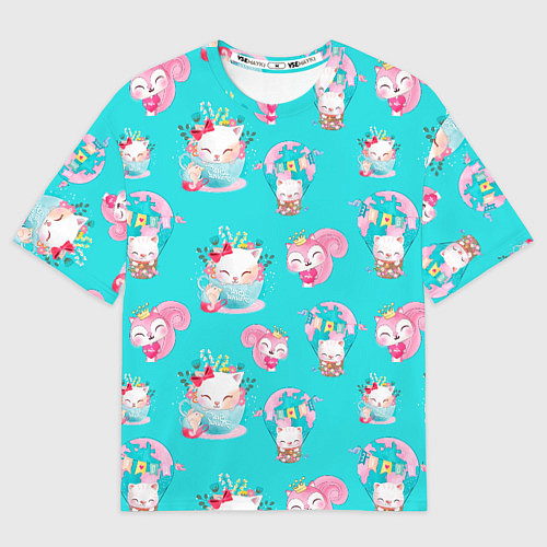 Женская футболка оверсайз Коты в кружках паттерн / 3D-принт – фото 1