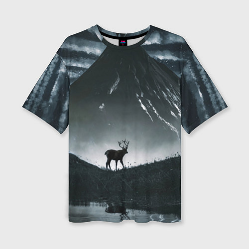 Женская футболка оверсайз Северный олень и вулкан / 3D-принт – фото 1