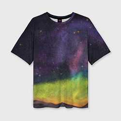 Женская футболка оверсайз Горный пейзаж со звёздным небом и северным сиянием