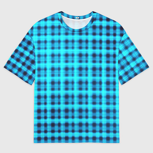 Женская футболка оверсайз Неоновый узор в клеточку Голубая клетка Светящиеся / 3D-принт – фото 1