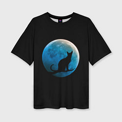 Футболка оверсайз женская Силуэт кота на фоне синей луны, цвет: 3D-принт