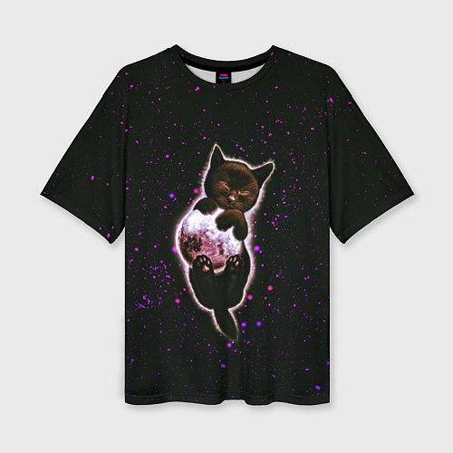 Женская футболка оверсайз Котенок в космосе - звезды неон / 3D-принт – фото 1