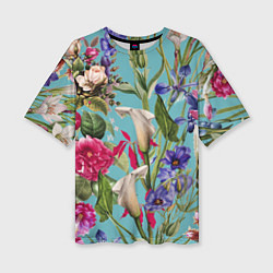 Женская футболка оверсайз Цветы Ярко-Синие