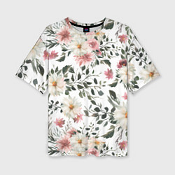 Женская футболка оверсайз Цветы Акварельно-Белые