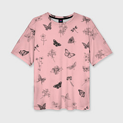 Женская футболка оверсайз Цветочки и бабочки на розовом фоне