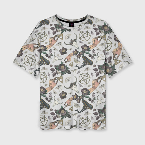 Женская футболка оверсайз Пентаграмма, бабочка, череп, ведьма, темные цветы / 3D-принт – фото 1
