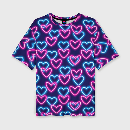 Женская футболка оверсайз Неоновые сердца, паттерн / 3D-принт – фото 1