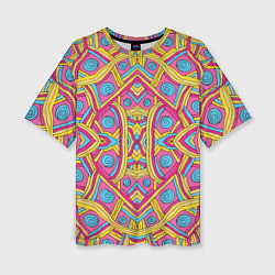 Женская футболка оверсайз Разноцветный и яркий узор в дудл стиле