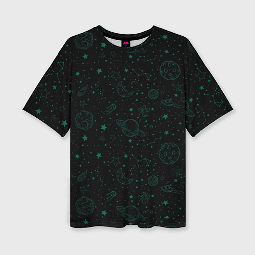 Женская футболка оверсайз Черный паттерн космические объекты / 3D-принт – фото 1