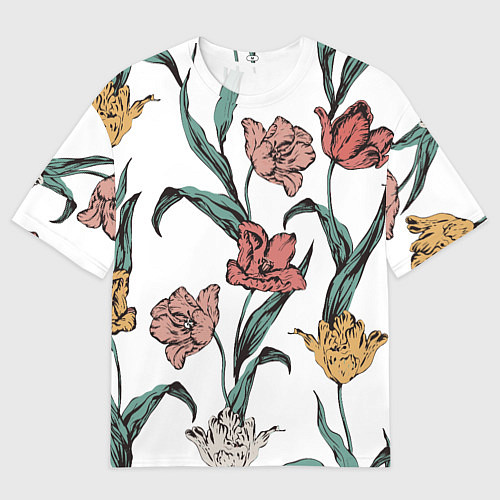 Женская футболка оверсайз Цветы Разноцветные Тюльпаны / 3D-принт – фото 1